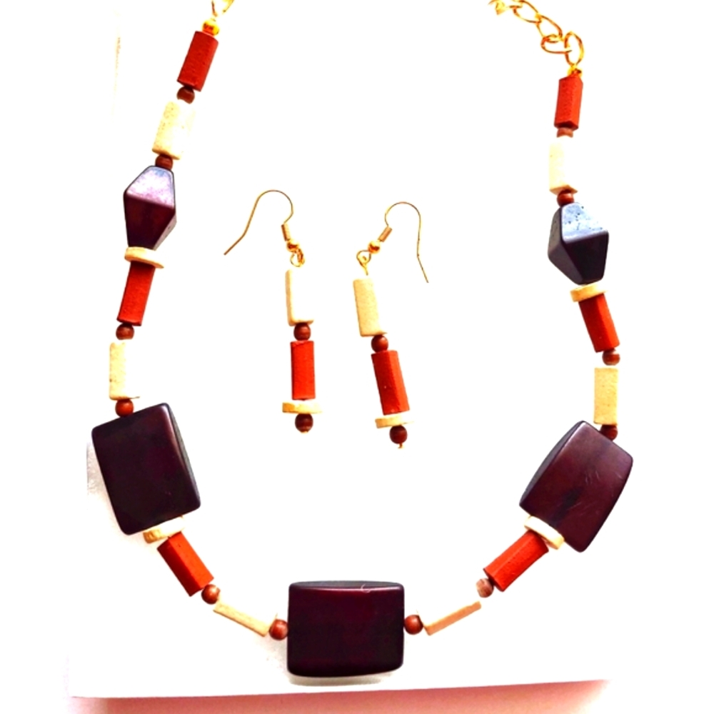 2472NE155 Handmade 2 Piece Brown Beige Necklace, Earring Set